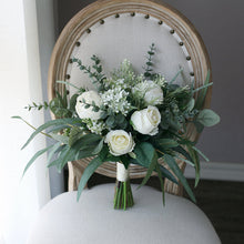 Load image into Gallery viewer, Free-Form Bridal Bouquet in White and Forest Green, Simple & Elegant Wedding Bouquet