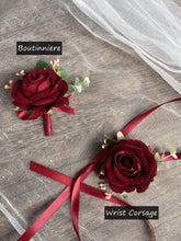 Load image into Gallery viewer, Pin Boutonniere & Wrist Corsage in Burgundy & Blush, Deluxe Silk Wedding Flowers