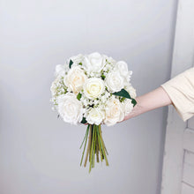 Load image into Gallery viewer, Rose & Baby's Breath - Round Bridal Bouquet in White & Ivory, Rustic Wedding Flower