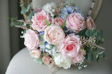 Load image into Gallery viewer, Round Bridal Bouquet in Blue & Blush, Deluxe Faux Wedding Bouquet