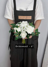Load image into Gallery viewer, Round Bridal Bouquet in White & Greenery, Boho Wedding Bouquet with Baby's Breath & Rose Leaves