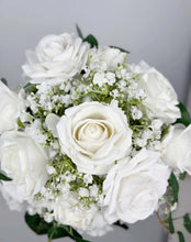 Load image into Gallery viewer, Round Bridal Bouquet in White & Greenery, Boho Wedding Bouquet with Baby's Breath & Rose Leaves