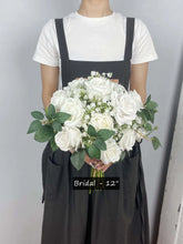 Load image into Gallery viewer, Round Bridal Bouquet in White & Greenery, Boho Wedding Bouquet with Baby's Breath & Rose Leaves