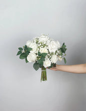 Load image into Gallery viewer, Round Bridal Bouquet in White & Greenery, Boho Wedding Bouquet with Baby's Breath & Rose Leaves