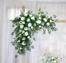 Load image into Gallery viewer, Wedding Arch Flowers & Table Runner in White and Forest Green Rose