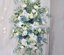 Load image into Gallery viewer, Wedding Arch Flowers in Dusty Blue & Navy, Elegant Ceremony Backdrop Décor