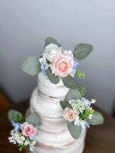 Load image into Gallery viewer, Wedding Cake Topper Flowers in Pink & Blue, Set of 3 Floral Party Cake Decoration