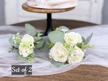 Load image into Gallery viewer, Wedding Cake Topper Flowers in White & Sage Green, Set of 2 Floral Cake Decoration