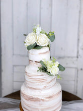 Load image into Gallery viewer, Wedding Cake Topper Flowers in White & Sage Green, Set of 2 Floral Cake Decoration