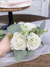 Load image into Gallery viewer, Wedding Cake Topper Flowers in White & Sage Green, Set of 2 & 3 Floral Cake Decoration