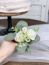 Load image into Gallery viewer, Wedding Cake Topper Flowers in White & Sage Green, Set of 2 & 3 Floral Cake Decoration