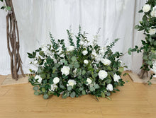 Load image into Gallery viewer, Wedding Arch & Aisle Flowers in White and Forest Green, Rustic Swag Décor