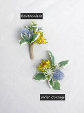 Load image into Gallery viewer, Boutonniere &amp; Wrist Corsage in Sunflower &amp; Thistle
