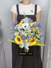 Load image into Gallery viewer, Free-Form Bridal Bouquet in Sunflower &amp; Thistle, Boho Wedding Bouquet with Wildflowers
