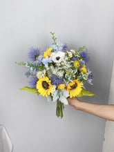 Load image into Gallery viewer, Free-Form Bridal Bouquet in Sunflower &amp; Thistle, Boho Wedding Bouquet with Wildflowers
