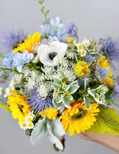 Load image into Gallery viewer, Free-Form Bridal Bouquet in Sunflower &amp; Thistle, Boho Wedding Bouquet with Wildflowers
