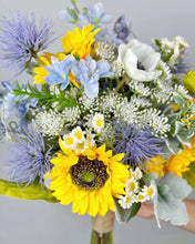 Load image into Gallery viewer, Free-Form Bridal Bouquet in Sunflower &amp; Thistle, Boho Wedding Bouquet with Wildflowers
