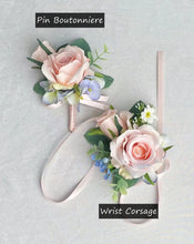 Load image into Gallery viewer, Pin Boutonniere &amp; Wrist Corsage in Blue &amp; Blush
