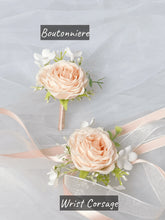 Load image into Gallery viewer, Pin Boutonniere &amp; Wrist Corsage in Blush &amp; Peach, Deluxe Silk Wedding Flowers
