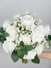 Load image into Gallery viewer, Round Bridal Bouquet in White &amp; Greenery, Boho Wedding Bouquet with Baby&#39;s Breath &amp; Rose Leaves
