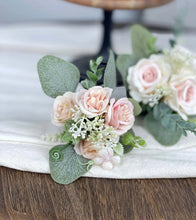 Load image into Gallery viewer, Wedding Cake Topper Flowers in Dusty Pink &amp; White, Set of 2 Floral Party Cake Decoration

