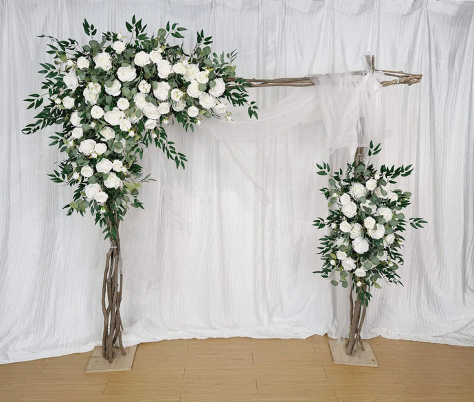 White and Forest Green Wedding Arch Flowers, Rustic Ceremony Décor