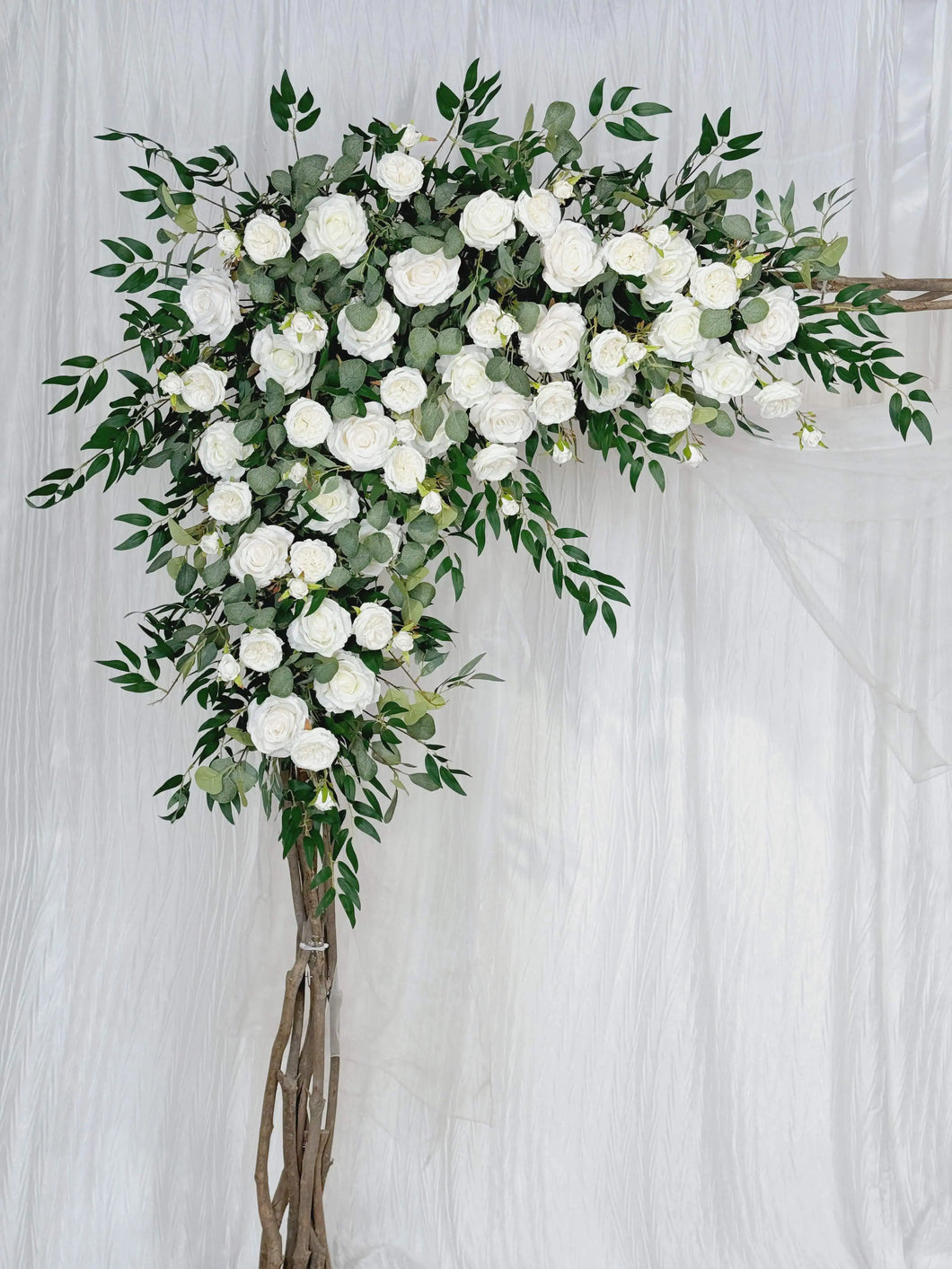 White and Forest Green Wedding Arch Flowers, Rustic Ceremony Décor