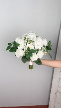 Load and play video in Gallery viewer, Round Bridal Bouquet in White &amp; Greenery, Boho Wedding Bouquet with Baby&#39;s Breath &amp; Rose Leaves
