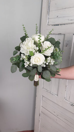 Free-Form Bridal Bouquet in White and Greenery, Wedding Bouquet with Real-touch Flowers
